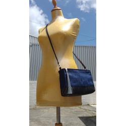 Petit Sac rectangle bleu et simili cuir noir